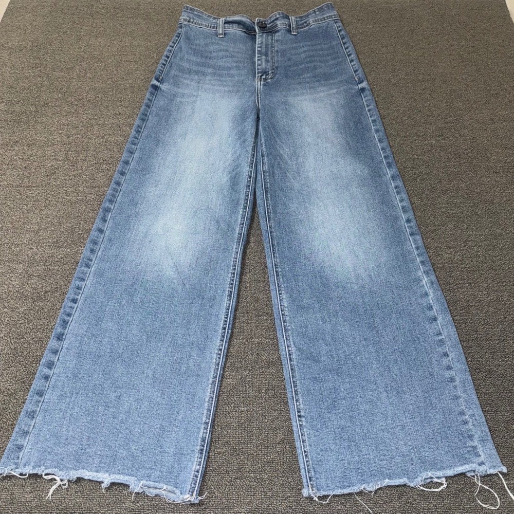 OAT New York Wide Leg Raw Hem Jeans Medium Wash Blue Size 8/29 Boho Streetwear